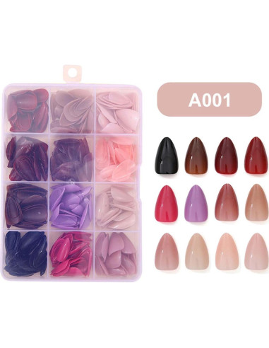 288 Uñas Postizas Cortas Almendra KASOICRA Brillantes 12 Colores
