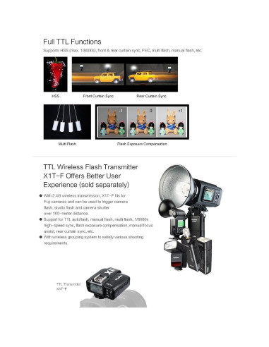 Flash Godox TT350F TTL GN36 para Cámaras Fuji con Accesorios