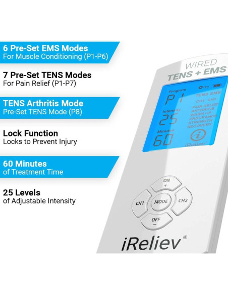 Sistema de Alivio del Dolor iReliev TENS + EMS Recargable Sistema de Alivio del Dolor iReliev TENS + EMS Recargable
