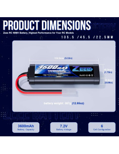 Batería NiMH Zeee 7.2V 3600mAh con Conector Tamiya para RC 2