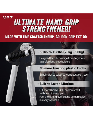 Entrenador de Fuerza de Agarre GD Iron Grip Ajustable 90kg
