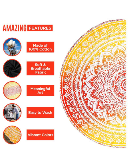 Manta de Playa Redonda Raajsee 127 cm Algodón Naranja Mandala Manta de Playa Redonda Raajsee 127 cm Algodón Naranja Mandala