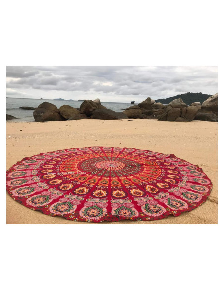 Tapiz Redondo de Algodón Rojo Mandala XL 178 cm - Boho Tapiz Redondo de Algodón Rojo Mandala XL 178 cm - Boho