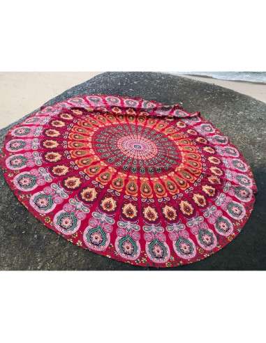 Tapiz Redondo de Algodón Rojo Mandala XL 178 cm - Boho