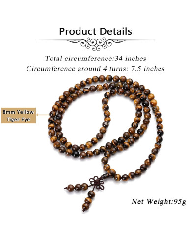 Pulsera Mala Tibetana JOVIVI 108 Perlas Ojo de Tigre 8mm