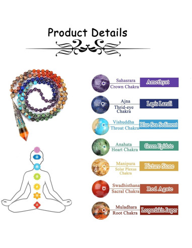 Collar de cuentas de mala 7 Chakras GEHECRST 108 piezas 71 cm