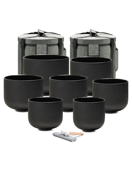 Juego de 7 Cuencos de Cuarzo Negro 432Hz 15-30 cm con Fundas y Martillos Juego de 7 Cuencos de Cuarzo Negro 432Hz 15-30 cm con Fundas y Martillos