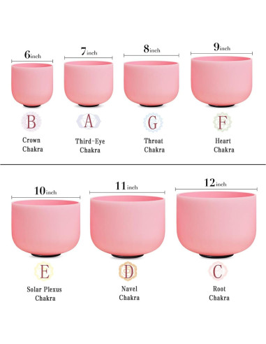 Conjunto 7 Cuencos de Canto Cristal Cuarzo Rosa 432HZ 15-30cm