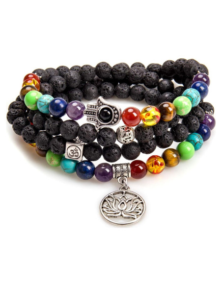 Collar Mala 108 Cuentas de Lava Natural 7 Chakras Árbol de la Vida Collar Mala 108 Cuentas de Lava Natural 7 Chakras Árbol de la Vida