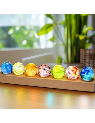 Conjunto 7 Esferas de Chakra con Base LED Madera 40mm