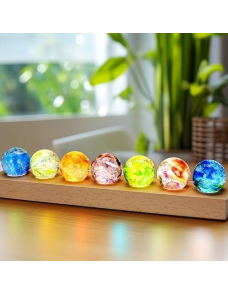 Conjunto 7 Esferas de Chakra con Base LED Madera 40mm Conjunto 7 Esferas de Chakra con Base LED Madera 40mm