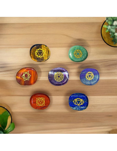 Kit de 7 Piedras de Chakra Grabadas - Sanación Reiki 16 Piezas