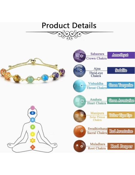 Pulsera de 7 Chakras Ajustable Jovivi con Piedras Naturales 8mm Pulsera de 7 Chakras Ajustable Jovivi con Piedras Naturales 8mm