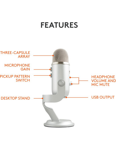 Micrófono USB Logitech Blue Yeti Plata 4 Patrones Polares