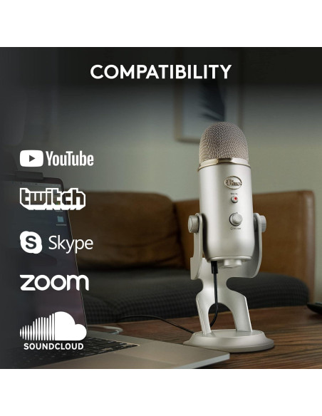 Micrófono USB Logitech Blue Yeti Plata 4 Patrones Polares Micrófono USB Logitech Blue Yeti Plata 4 Patrones Polares