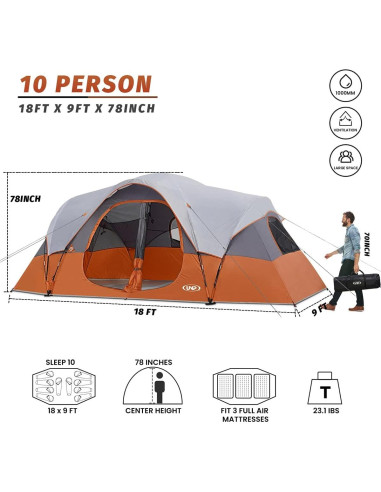 Tienda de Camping UNP para 10 Personas, Impermeable, 2 Habitaciones