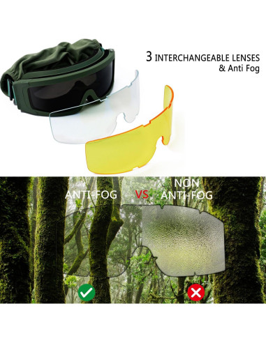 Gafas Tácticas SPOSUNE Anti Niebla con 3 Lentes Intercambiables