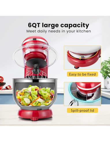 Batidora de Pie VIVOHOME 660W 5,68L 10 Velocidades Roja