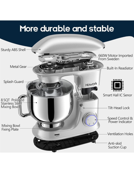 Batidora de Pie HOWORK 8.5QT 660W 6 Velocidades Plata Batidora de Pie HOWORK 8.5QT 660W 6 Velocidades Plata