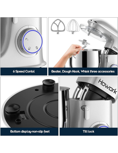 Batidora de Pie HOWORK 8.5QT 660W 6 Velocidades Plata Batidora de Pie HOWORK 8.5QT 660W 6 Velocidades Plata