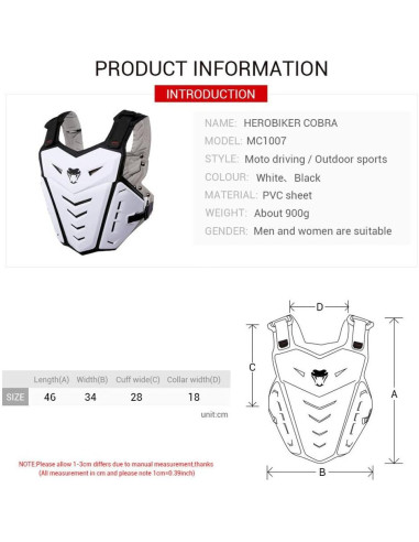 Chaleco Protector de Motocicleta PETA Armadura Ajustable Negro