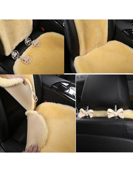 Funda de Asiento de Auto Dotesy de Piel de Oveja Beige Universal Funda de Asiento de Auto Dotesy de Piel de Oveja Beige Universal