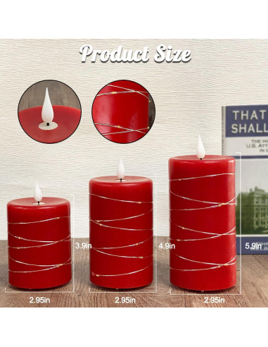 Set de 3 Velas LED Recargables Sin Llama Rojo con Control Remoto
