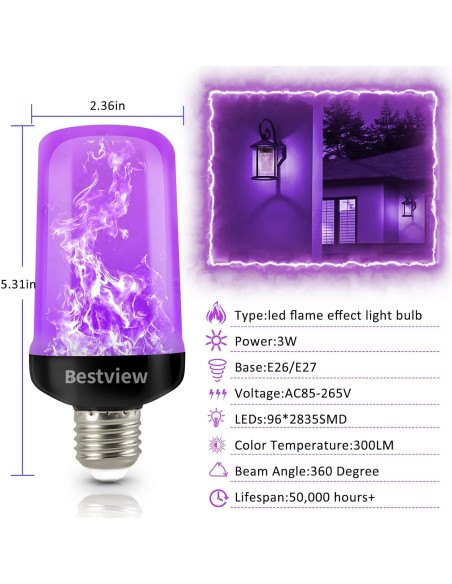 Bombillas LED Efecto Llama Bestview E26/E27 2 Paquete Púrpura Bombillas LED Efecto Llama Bestview E26/E27 2 Paquete Púrpura
