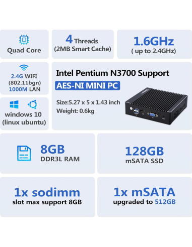 Mini PC Firewall VNOPN F12 Intel N3700 8GB 128GB 4x2.5GbE