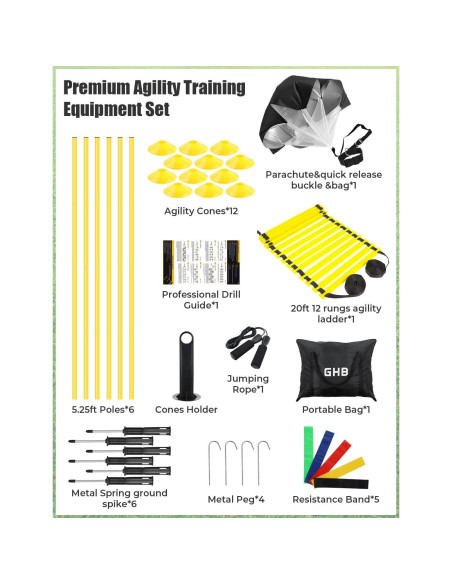 Conjunto de Entrenamiento de Agilidad GHB - Escalera 6.1m, 6 Postes, 12 Conos Conjunto de Entrenamiento de Agilidad GHB - Escalera 6.1m, 6 Postes, 12 Conos