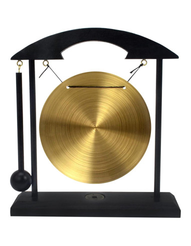 Gong de escritorio Feng Shui de latón con soporte de madera 21x19cm