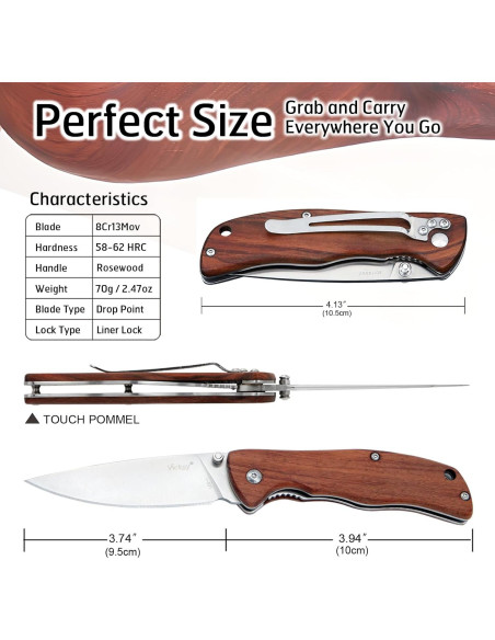 Cuchillo de bolsillo Vickay con mango de madera de rosa 9.5 cm Cuchillo de bolsillo Vickay con mango de madera de rosa 9.5 cm