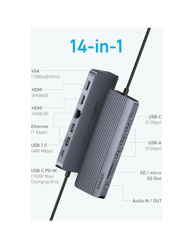 Hub USB-C Anker 14 en 1 Triple Pantalla 4K 100W