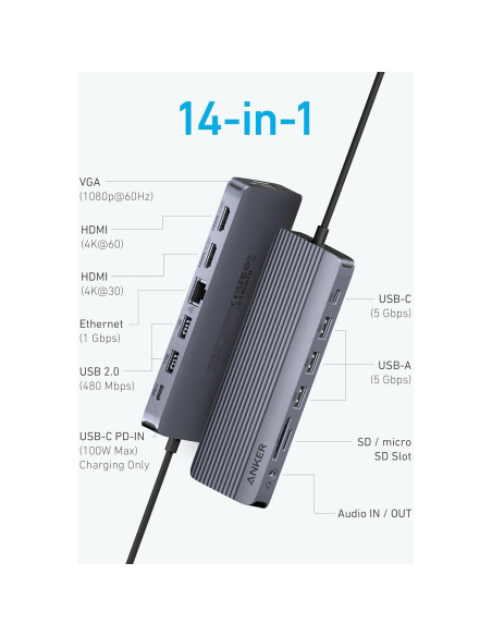 Hub USB-C Anker 14 en 1 Triple Pantalla 4K 100W Hub USB-C Anker 14 en 1 Triple Pantalla 4K 100W