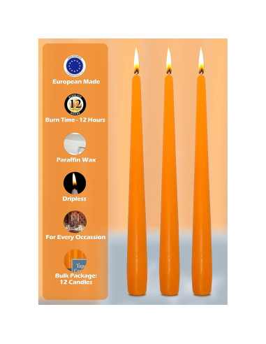 Velas Taper Altas Hyoola Naranjas 35.56 cm Sin Aroma - 12 Unidades