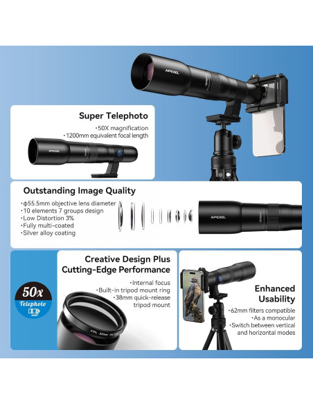 Lente Telefoto HD APEXEL 50x con Trípode y Clip Universal Lente Telefoto HD APEXEL 50x con Trípode y Clip Universal