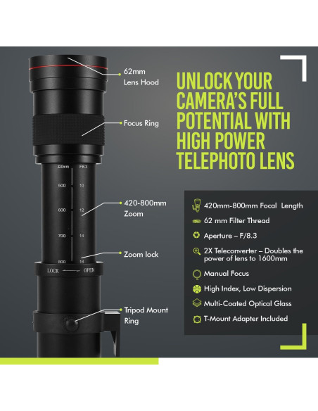 Lente Telefoto Manual 420-1600mm f/8 para Nikon Z5, Z6, Z7 Lente Telefoto Manual 420-1600mm f/8 para Nikon Z5, Z6, Z7