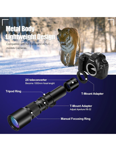 Lente Telefoto Manual JINTU 500-1000mm f/8 para Canon DSLR Lente Telefoto Manual JINTU 500-1000mm f/8 para Canon DSLR