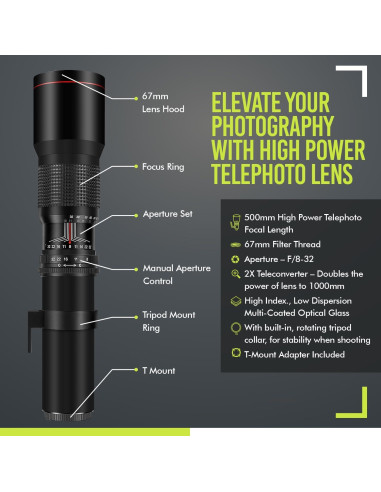 Lente Telefoto Manual 500mm/1000mm f/8 Big Mike para Nikon DSLR