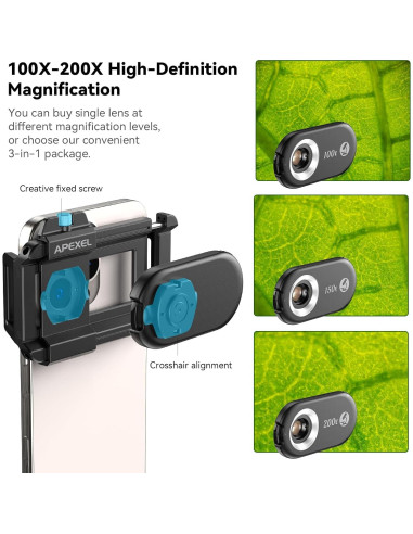 Lente de Microscopio APEXEL 100X para Smartphone con Luz LED