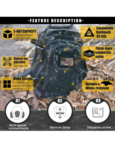 Mochila Táctica Militar Molle 39-64L Camo Negro