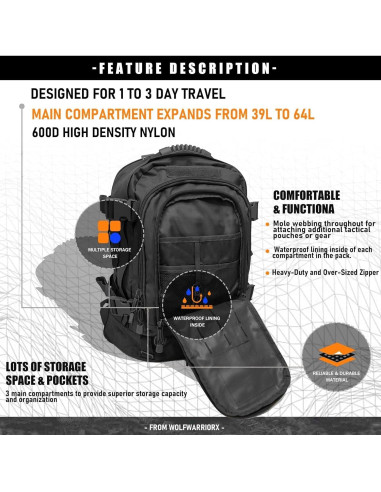 Mochila Táctica Militar Molle 39-64L Camo Negro