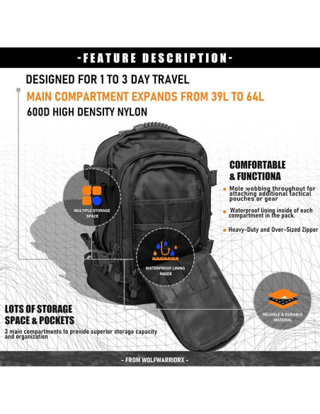 Mochila Táctica Militar Molle 39-64L Camo Negro Mochila Táctica Militar Molle 39-64L Camo Negro