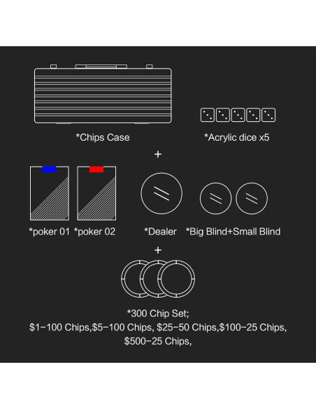 Juego de Fichas de Póker 300 Pcs JIESITE con Estuche de Aluminio Juego de Fichas de Póker 300 Pcs JIESITE con Estuche de Aluminio
