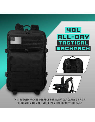 Mochila táctica 40L negra | 7 compartimentos | Nylon resistente