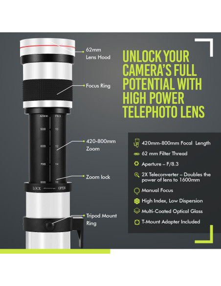Teleobjetivo Manual 420-1600mm f/8.3 para Nikon D500 D600 D750 Teleobjetivo Manual 420-1600mm f/8.3 para Nikon D500 D600 D750