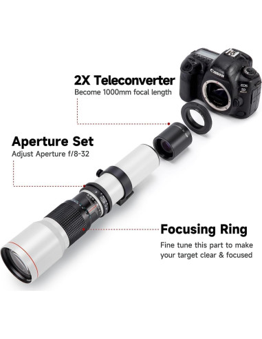 Lente Telefoto Manual OPTURA HD 500mm f/8 para Pentax