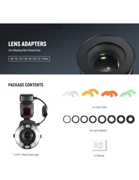 Flash de Anillo NEEWER RF1-C para Canon, 76Ws GN15 TTL Macro Flash de Anillo NEEWER RF1-C para Canon, 76Ws GN15 TTL Macro
