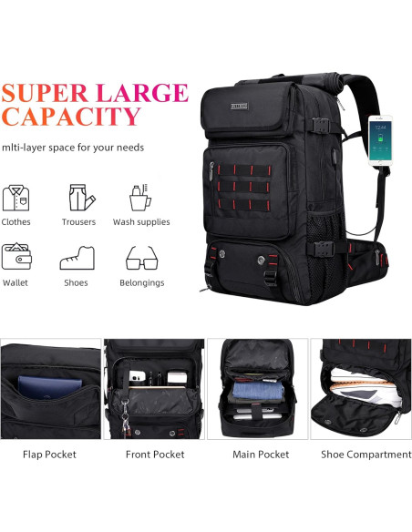 Mochila de viaje WITZMAN B682 Nylon 37.9L USB Negro Mochila de viaje WITZMAN B682 Nylon 37.9L USB Negro