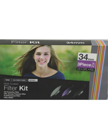 Kit de Filtros 34mm Vivitar VIV-FK3-34 UV CPL FLD con Estuche Kit de Filtros 34mm Vivitar VIV-FK3-34 UV CPL FLD con Estuche
